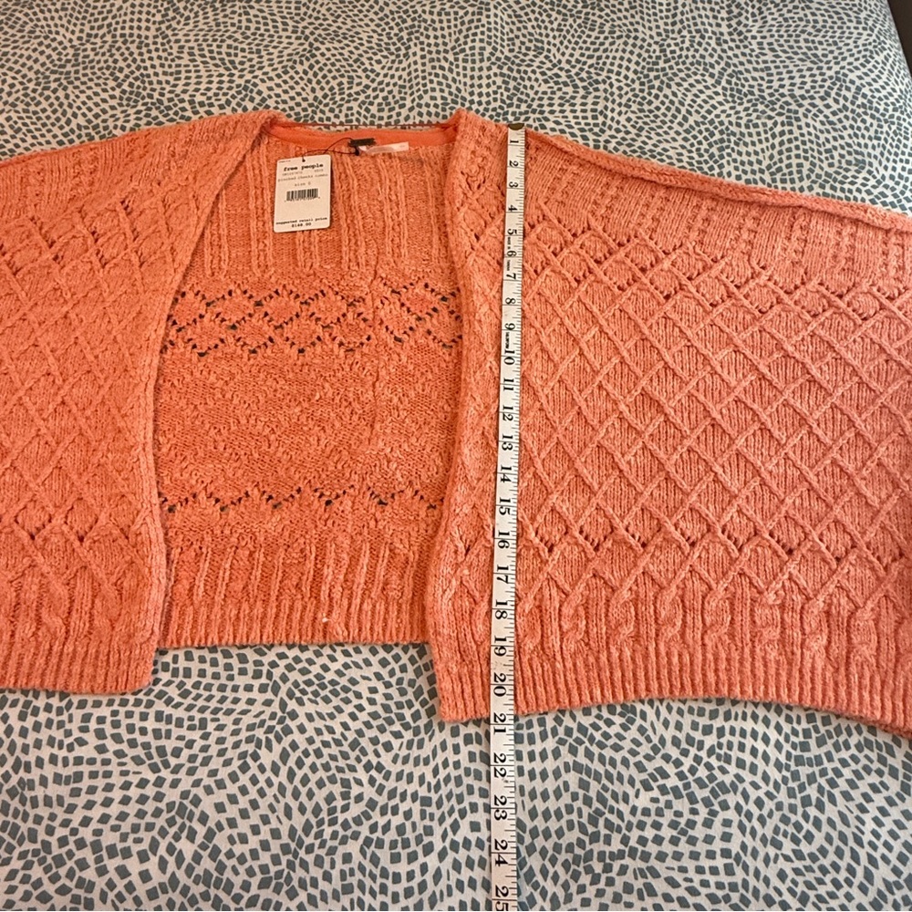 Free People | Textured Knit Open Front Cardigan, "Pinched Cheeks Combo" Coral - Picture 5 of 10